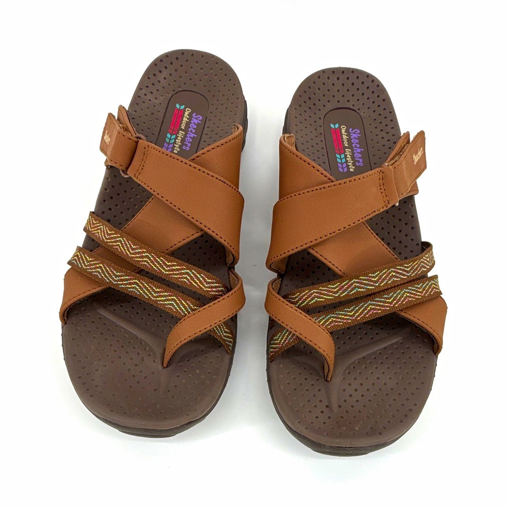 Skechers Womens 10 Sandals brown strappy Memory Foam Hook & Loop comfort travel